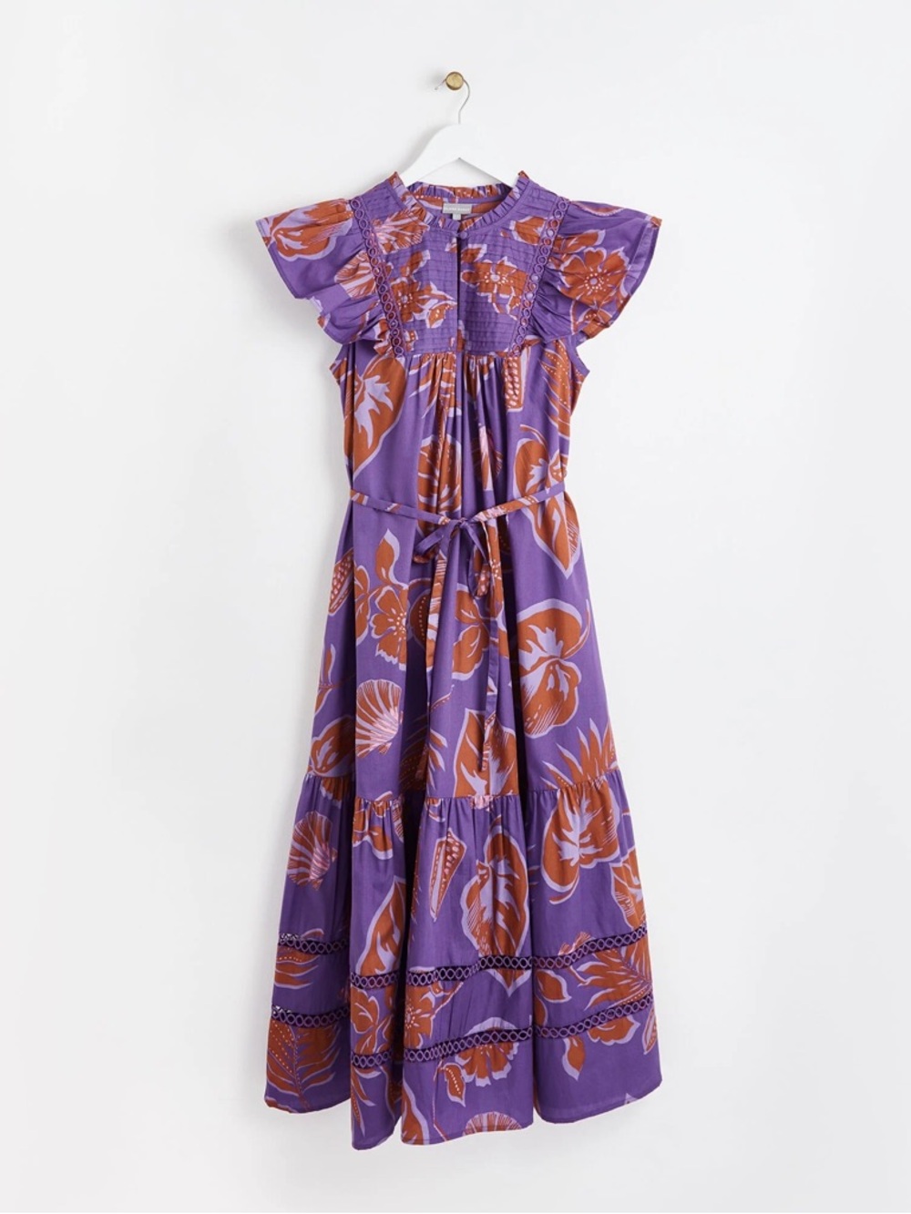 Smocked Purple Maxi Dress with Rust Floral Print and Tie Belt
